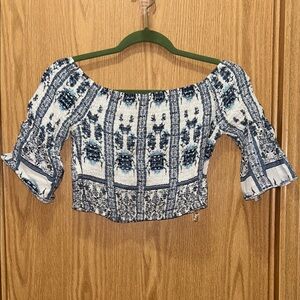 Blue and White Off-Shoulder Women's Crop Top